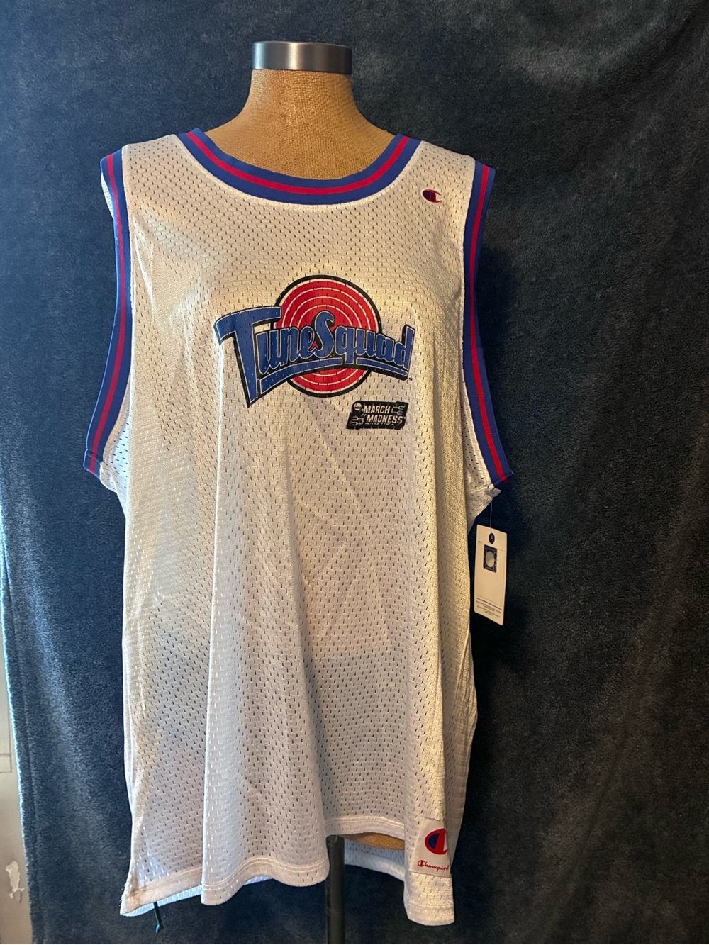 Champion White Tune Squad Basketball Jersey with Blue & Red Trim